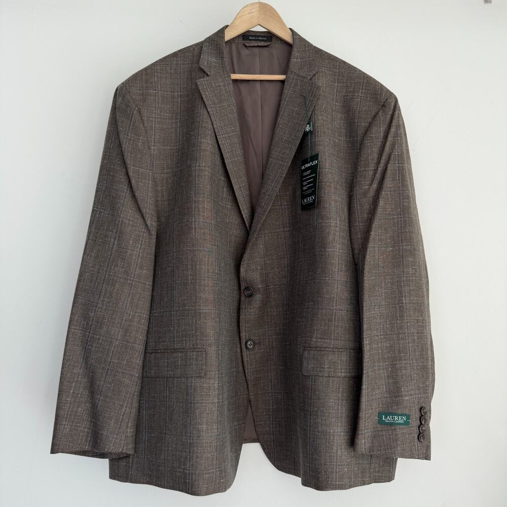 Lauren Ralph Lauren UltraFlex Sport Coat 56R Brown Plaid Wool Silk Linen Comfort